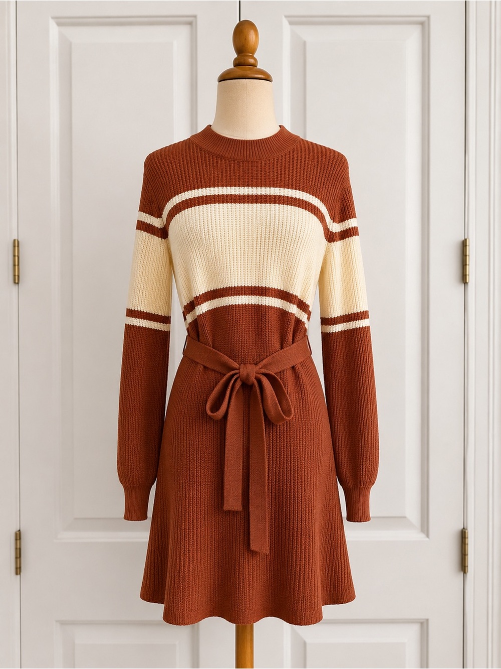SHEIN Rust Brown Cream Colorblock Belted Sweater Dress Size L 8/10
